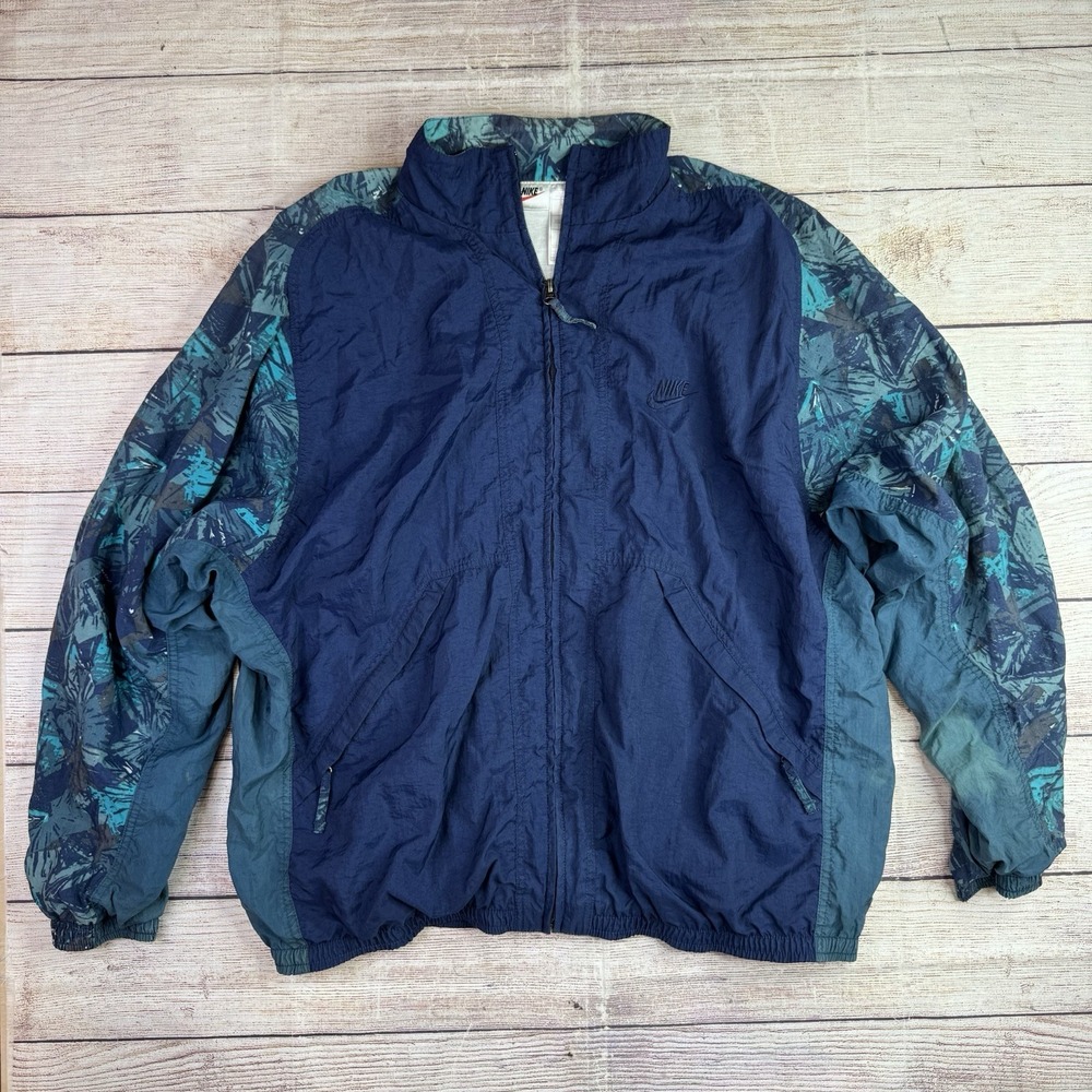 Nike Women's L Vintage Windbreaker Teal Navy 90s Retro Jacket‎ Full Zip (Flaws)